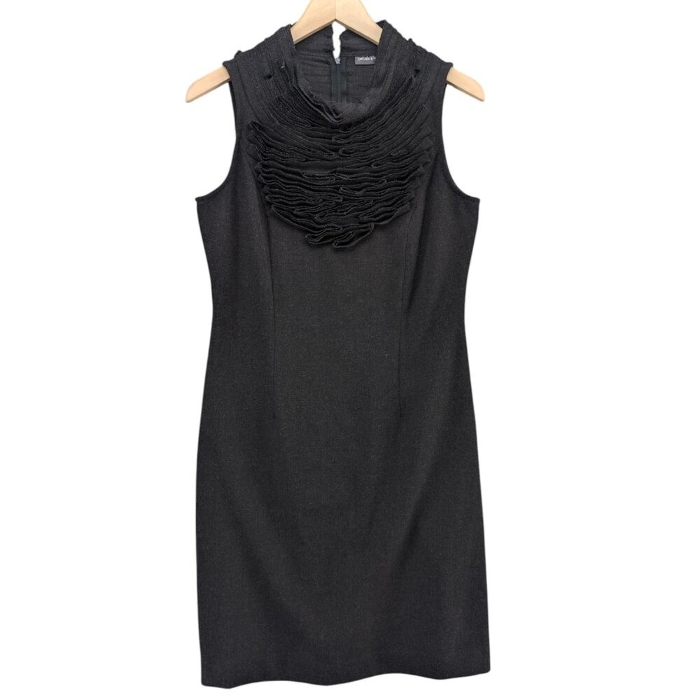 Chelsea Theodore Wool Blend Sheath Dress Charcoal Front Ruffle Sleeveless Size 6